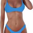 SherryDC Women's Solid Scoop Neck Push Up Padded Brazilian Thong Bikini Swimsuit Bathing Suit (Lake Blue)