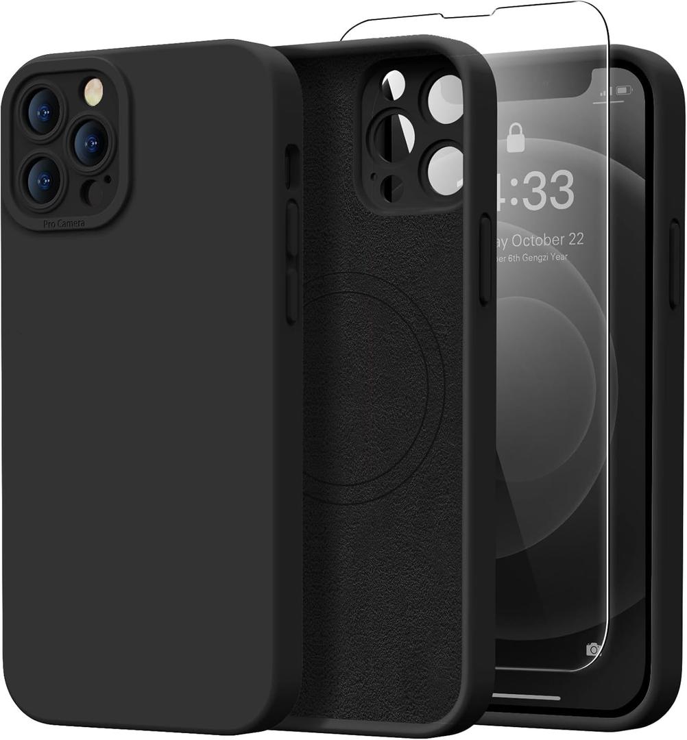 Magnetic for iPhone 13 Pro Max Case with Screen Protector - Wireless Charging Compatible - Upgraded Camera Protection - Silicone Protective Phone Case for iPhone 13 Pro Max - Black