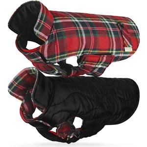 VIVAGLORY Softjoy Dog Coat, Dog Jacket for Winter & Christmas, Coat with Harness Hole, Reversible Plaid Checkered Warm Fluffy Heavy Duty for Puppy, S, Red (S: 18-24in (Chest Girth))