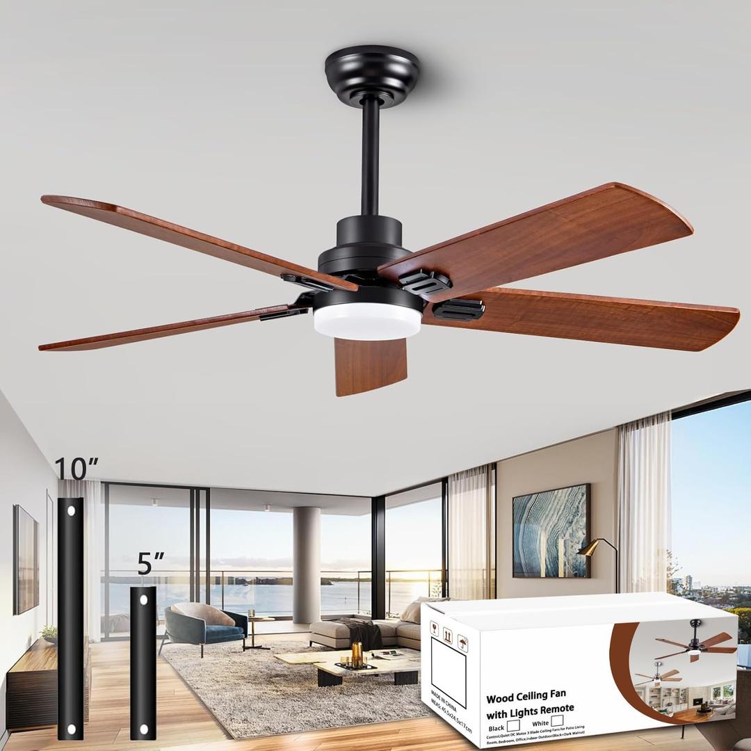 52" Lighted Ceiling Fan, Solid Wood Ceiling Fan, with Remote Control and DC Motor, 5 Blades, Suitable for Living Rooms, Bedrooms, Farmhouses, Hallways, Indoor and Outdoor Ceiling Fans - Black + Walnut