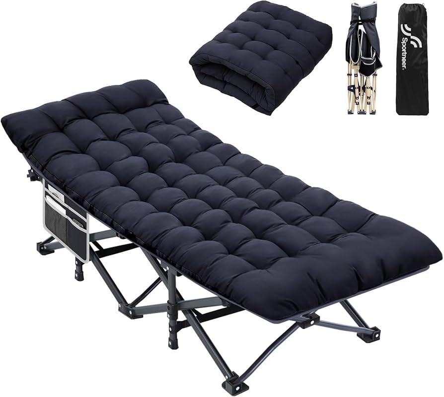 Sportneer Camping Cot: 1200D Double Layer Oxford Camping Cots for Adults - Heavy-Duty Foldable Cots for Camping Travel Tent Day Outdoor & Home Guest, Camping Cots with Mattress Carry Bag & 2 Pockets (Black)