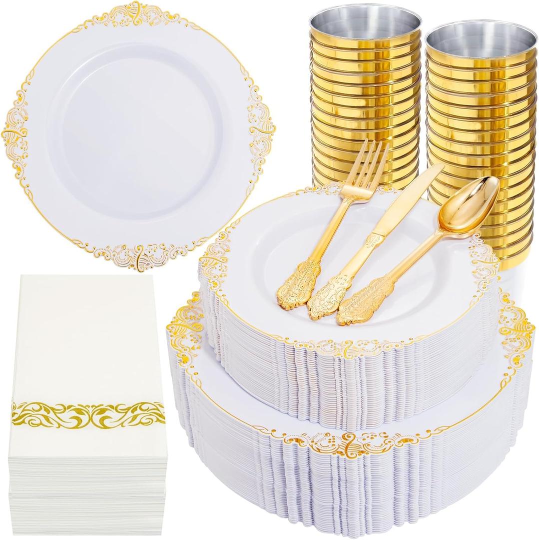 Nervure 350PCS Gold Plastic Dinnerware - White and Gold Disposable Plates for 50 Guests - 100 White Disposable Plates, 150 Plastic Silverware, 50 Cups, 50 Napkins for Wedding & Party