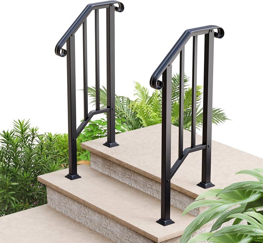 2 Step Handrails for Outdoor Steps, Fit 1 or 2 Steps Outdoor Stair Railing for Concrete Steps, Black Wrought Iron Railing, Exterior Hand Railing for Steps Adjustable Metal Hand Rails for Deck Porch
