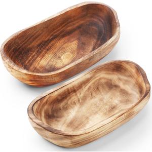 2 Pcs Wooden Dough Bowls for Decor Oblong Decorative Bowl Home Decor Fruit Vessel for Kitchen Counter Rustic Carved Serving Container Long Wooden Bread Tray for Dining Room Table(13 x 9 x 3.2 Inch)