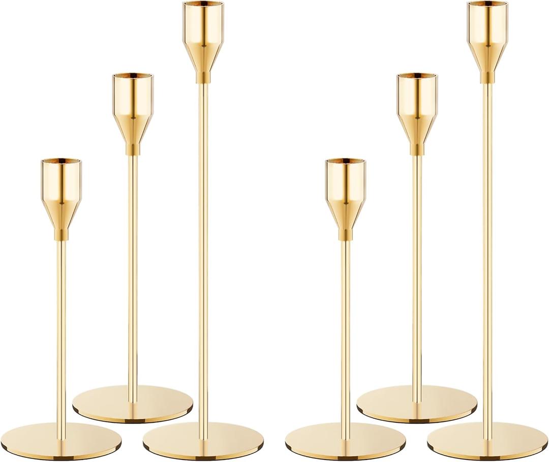 Gold Taper Candle Holders Set of 6, Metal Candlestick Holders for Table or Mantel Decor Centerpiece, Candle Stick Holder Decor for Wedding, Dinning, Party or Anniversary
