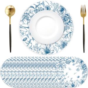 50 Pack Paper Placemats Disposable Blue and White Placemats 13.7 Inch Vintage Blue Floral Place Mats Decorative Chinoiserie Round Table Mats for Dinner Table Setting Birthday Wedding Party Supplies