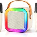 Kids Karaoke Machine Toy Ages 3-12, 2 Wireless Mics BT Speaker, Cream | Voice Changer, LED Party Lights, Duets, BT 5.3, Mini Rechargeable Portable, Christmas Birthday Gifts for Toddler Boys & Girls