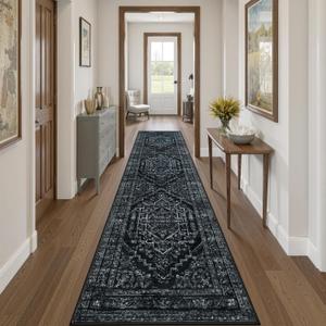 Uphome Long Runners for Hallways, 2'6x12 Washable Kitchen Runner Rug Non Slip, Traditional Soft Entryway Runner Rugs Low Pile, Stain Resistant Floor Carpet Runner for Hallway Bedroom, Black