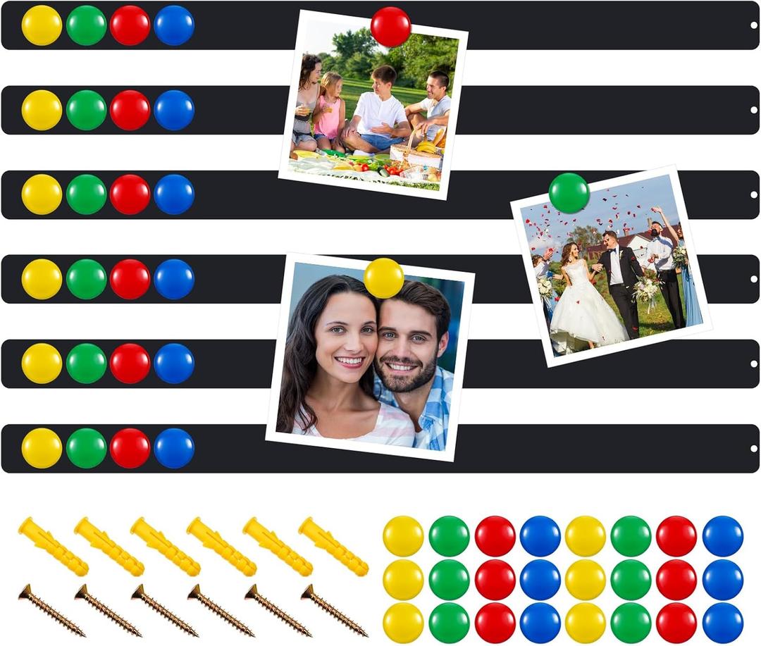 Mooliwe 6 Pieces 36 Inch Frameless Magnetic Stainless Iron Board Strips Bulletin Bar Magnetic Wall Board Memo Strip Set with 48 Pieces Colorful Magnets for School Office Home (Black)