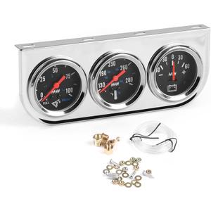 2" 52mm Car Triple Gauge Kit Set Chrome Panel Mechanical 3 in 1 Oil Pressure Gauge Fahrenheit Water Temperature Temp Gauge AMP Ammeter Gauges Meter Black Face
