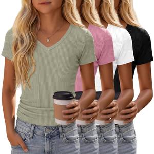 4 Pack Girls Short Sleeve Shirts Ribbed V Neck Tops Fitted Kids Soft Basic Tees Summer