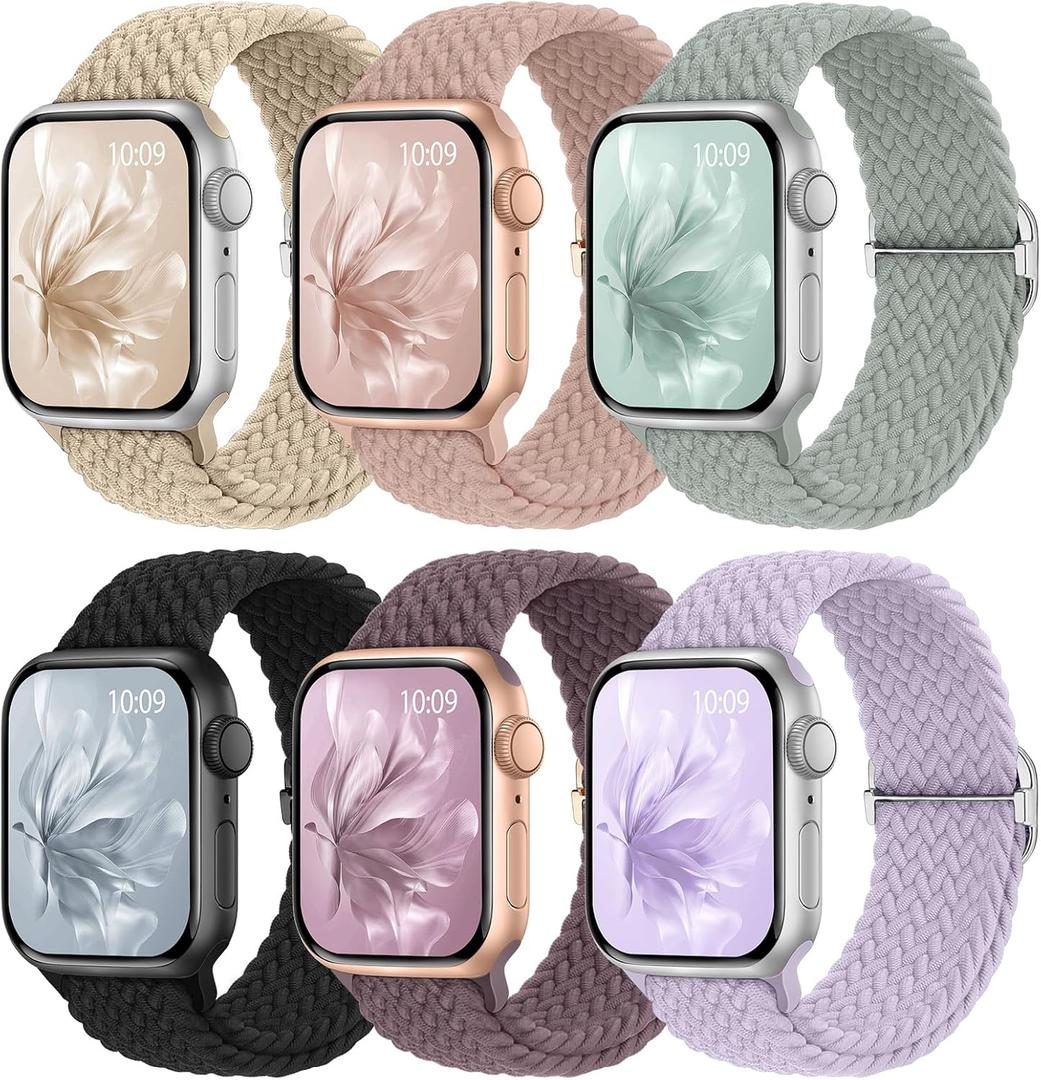 6 Pack Braided Stretchy Bands Compatible with Apple Watch Band 38mm 40mm 41mm 42mm 44mm 45mm 46mm 49mm Women Men, Adjustable Nylon Solo Loop Elastic Straps for iWatch Series 11 10 9 8 7 6 5 4 SE Ultra (Lavender/Beige/Black/Nude Pink/Sage Green/Smoke Violet)