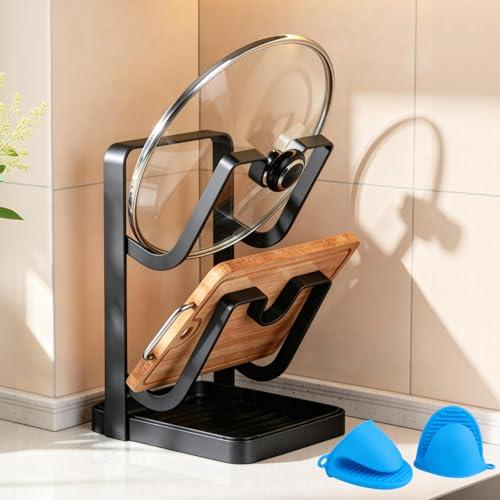 Twostubir Pot & Pan Lid Holder, Universal All-Size Stand - Heat-Resistant Spoon Rest, No Assembly, Easy to Clean, Removable Drip Tray, Silicone Anti-Scald Glove, Countertop/Cabinet Organizer