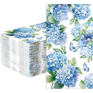 100 Pcs Hydrangea Paper Napkins 3 Ply Watercolor Blue Floral Butterfly Disposable Absorbent Hand Towels Spring Guest Napkins for Seasonal Wedding Lunch Dinner Bathroom Kitchen Supplies Decorations