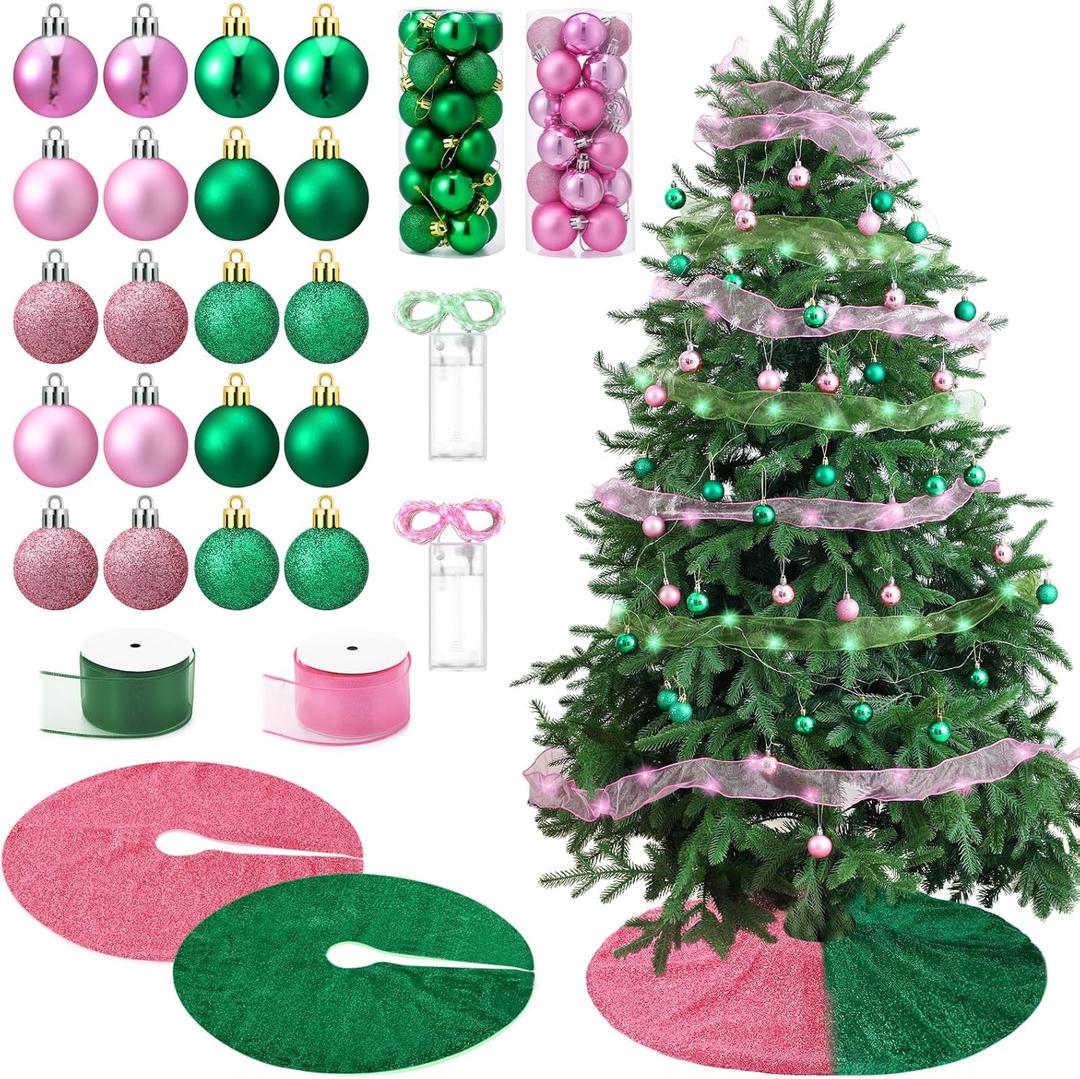 Civaner 54 Pcs Witch Christmas Tree Decoration Pink and Green Christmas Ornaments 2 Xmas Tree Skirt Stand 48 Ball Ornament 2 Light String 2 Ribbon Xmas Decor for Decorative Holiday Party Supplies