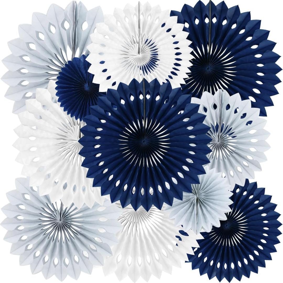 BEISHIDA Blue Gray White Tissue Hanging Honeycomb Round Paper Fans Decoration Set for Graduation Men Boy Birthday Navy Wedding Backdrop Fathers Day Baby Shower Party Supplies(11 Packs)