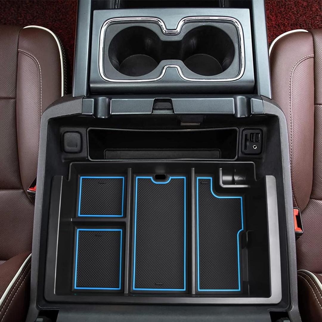 TACOBRO Full coverage Center Console Organizer Compatible with 2014-2018 GMC Sierra 1500 /Chevy Silverado 1500 Accessories 2015-2020 Yukon XL/Tahoe Suburban Insert Armrest Storage ABS Plastic, Blue