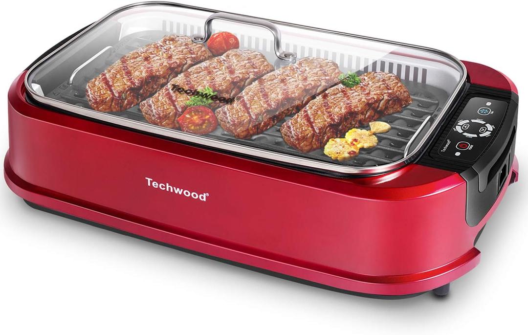 Smokeless Indoor Grill, Techwood 1500W Electric Grill Portable Korean Grill Non-Stick Grill Plates with Temperature Control, Removable Drip Tray, Tempered Glass Lid, Dishwasher-Safe