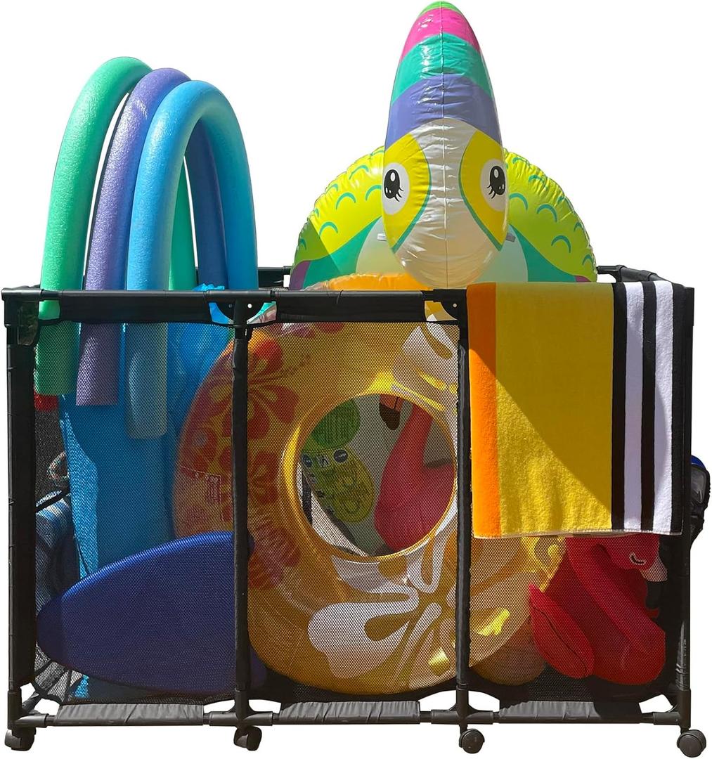 Pool Float Storage Organizer for Pool Noodles Floats Inflatables Towels - Ultimate Outdoor Pool Toy Storage Bin - XXL Black HDuty Metal - Pool Float Holder - Pool Storage Bin For Easy Poolside Cleanup