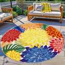 Colorful 6FT Outdoor Round Area Rug Washable Rugs Multicolored Patio Rug Tropical Botanical Floral Chenille Waterproof Outdoor Carpet for RV, Pool Deck, Backyard, Porch, Rainbow