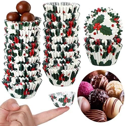 Funtery 600 Pcs Christmas Cupcake Liners Mini Muffin Liners Paper Candy Cups 1.3 Inch Holly Print Baking Cups Small Xmas Cupcake Wrappers for Baking Truffles Chocolates Making(Holly)