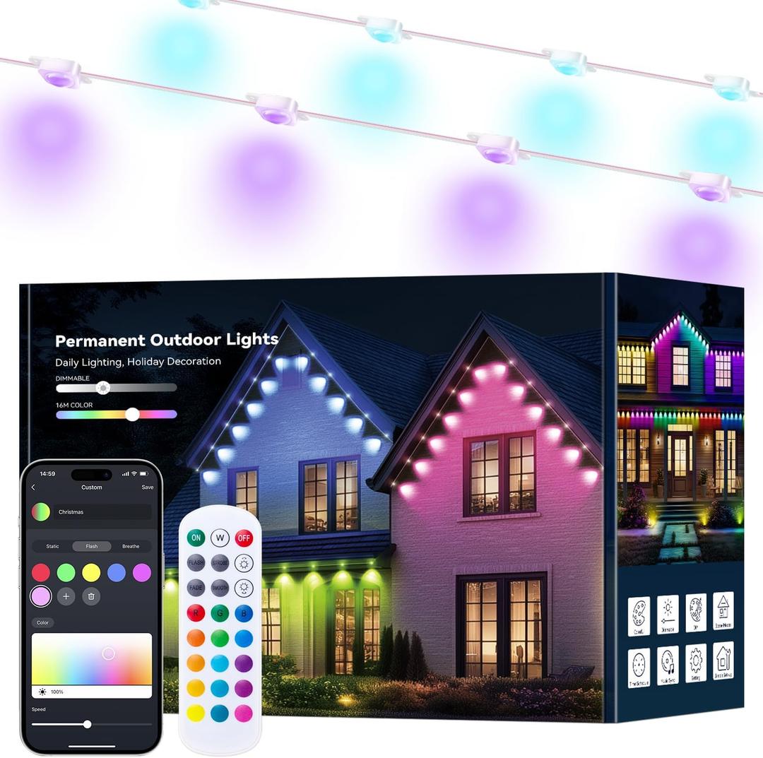 Smart 100FT Permanent Outdoor Lights, RGB LED Lights Outside with App Control - DIY Colors Scene Modes, IP67 Waterproof Eaves Lights for Christmas Halloween Holiday Daily House Roof Eternity Lighting