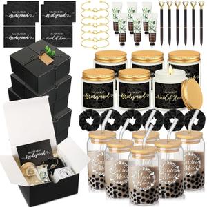 60 Pcs Bridesmaid Proposal Gifts Bridesmaid Box Set, Maid of Honor Gifts Include Box Glass Cup Candle Cards Scrunchies Hair Knotted Bracelets Hand Cream Diamond Pens(Black)