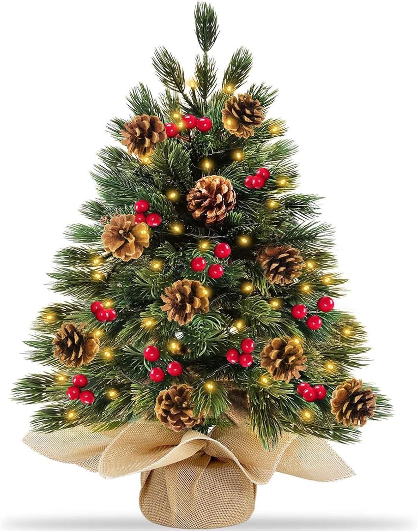 Realistic-Feel PE 24 Inch/2FT Small Tabletop Christmas Tree with Timer 40 Lights Battery Powered Cedar Norfolk Pine Tree 30 Red Berry 10 Pinecones Artificial Xmas Mini Xmas Tree Table Indoor Decor