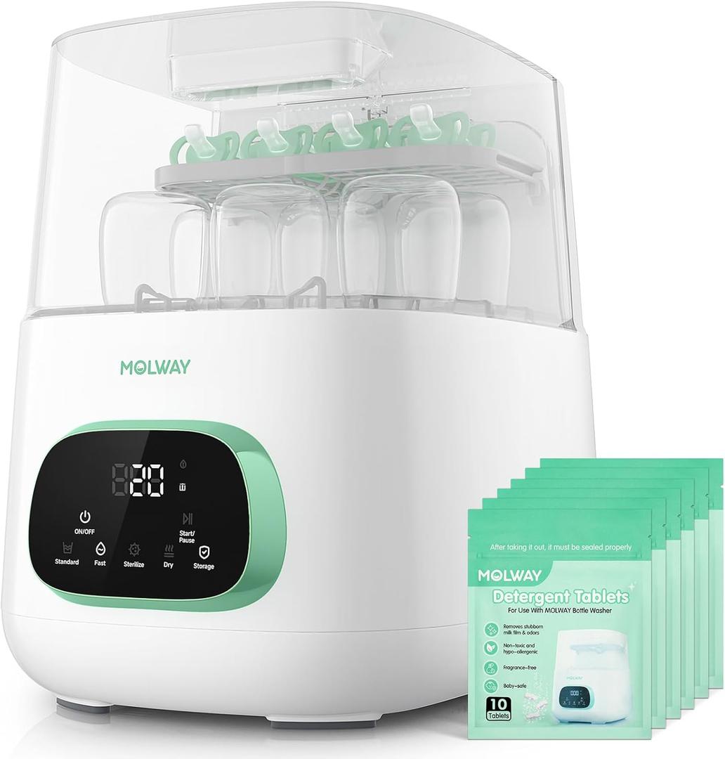 MOLWAYUpgraded Baby Bottle Washer, Sterilizer and Dryer, All-in-One Pro Cleaning Machine for Bottles, Pump Parts & Baby Essentials, Effortless Care, Replaces Hand Washing (White)