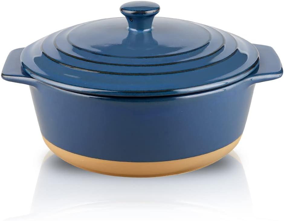 HVH Ceramic Casserole Dish with Lid Oven Safe, 2 Quart Round Casserole Dish Set, 9 Inches Round Baking Dish with Lid Oven Safe, Deep Baking Dishes for Oven with Lids for Party, Farmhouse Style (Blue)