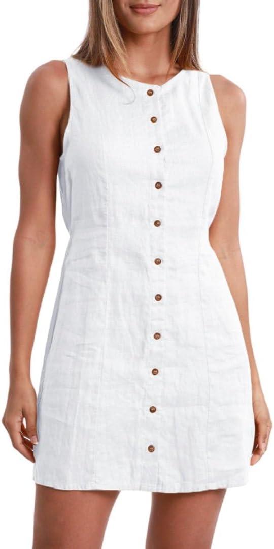 Amazhiyu Women's 100% Linen Summer Button Down Sleeveless Mini Tank Dresses (Medium, White)