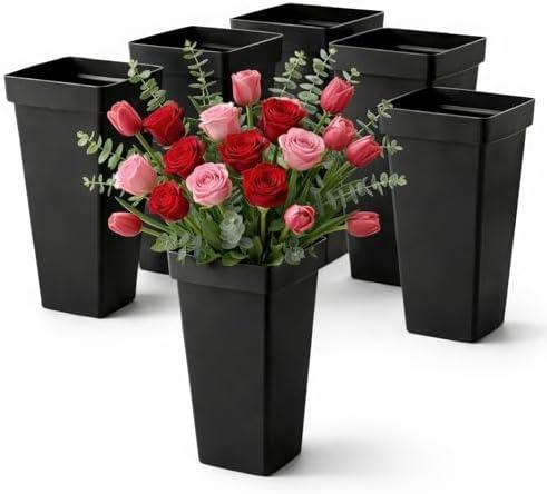 Kingrol 5 Pack Flower Buckets for Arrangements, Tall Plastic Floral Containers for Wedding Centerpieces, Florist Buckets Bulk, Modern Square Vase 13.25" Black