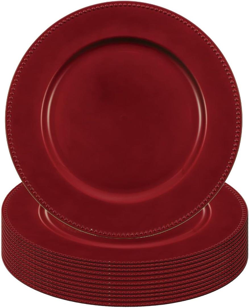Red Christmas Charger Plates Set of 12, 13 Inch Round with Red Beaded Edges, Premium Polypropylene Holiday Table Chargers