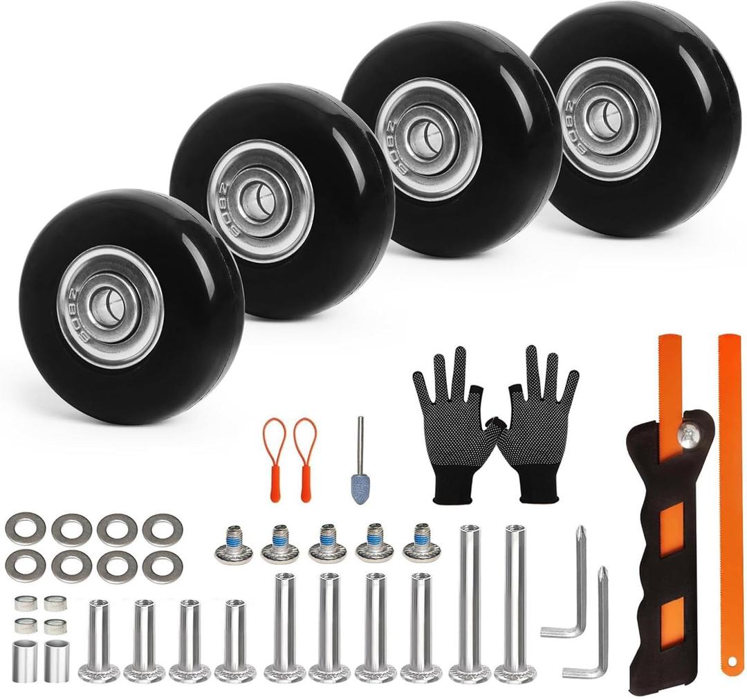 Suitcase Wheels Replacement Kit 4PC Diameter 1.8in/45mm Thick 0.7in/18mm PU Wheels with Ball Bearing 3 Size Axles Full Set Repair Tool for Luggage Trolley Bag Draw-bar Travel Box