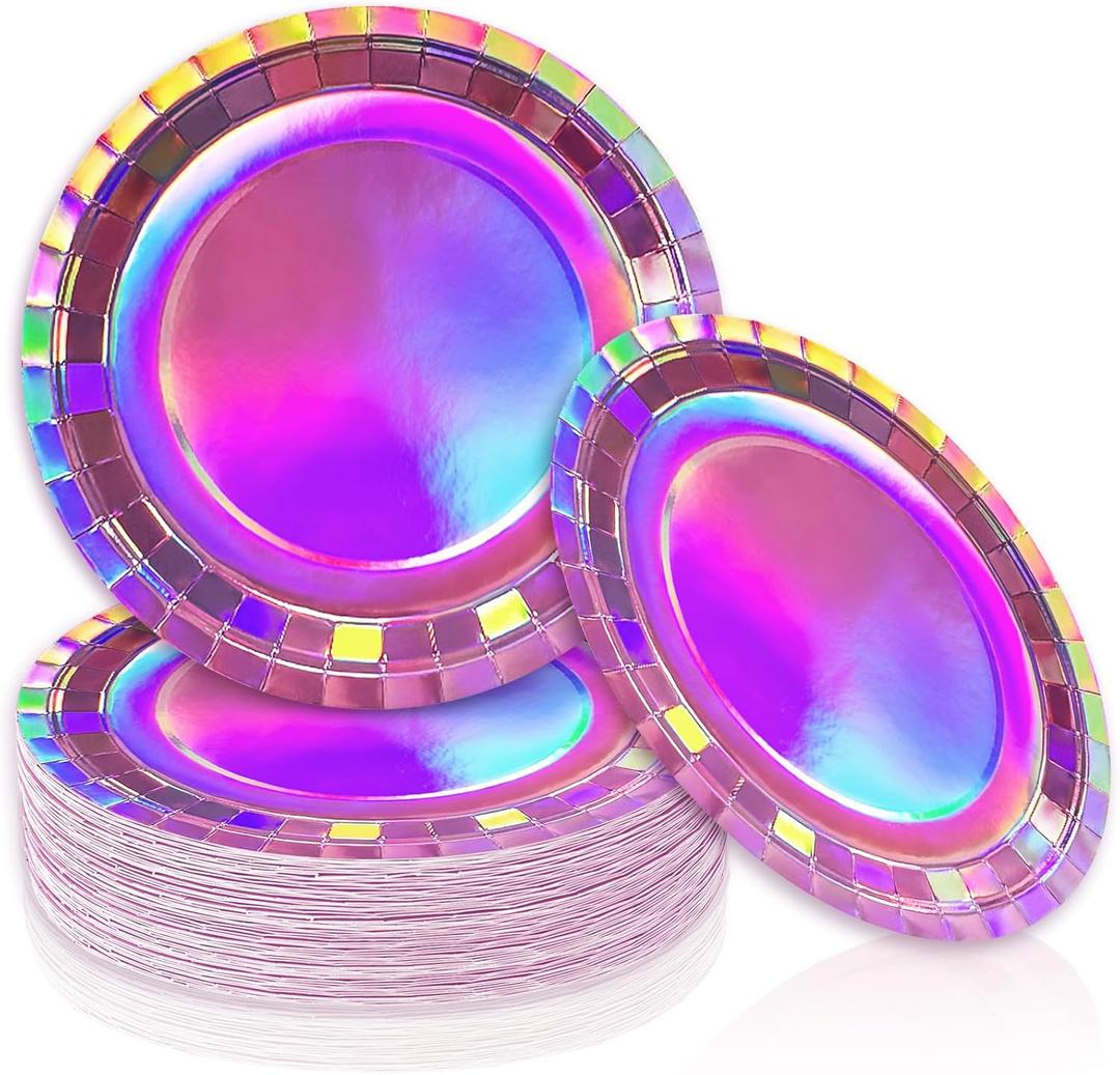JarThenaAMCS 50Pcs Valentine's Day Iridescent Pink Paper Plates Holographic Hot Pink Disposable Plates 9 Inch Round Dinner Dessert Plates for Disco Bachelorette Birthday Party