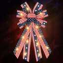 LED 4th of July Bows for Wreath, Patriotic Wreath Bow Red Blue Burlap Bow American Flags Ribbons with LED Lights Memorial Day Farmhouse Craft Bows for Front Door Decorations (Style 1)