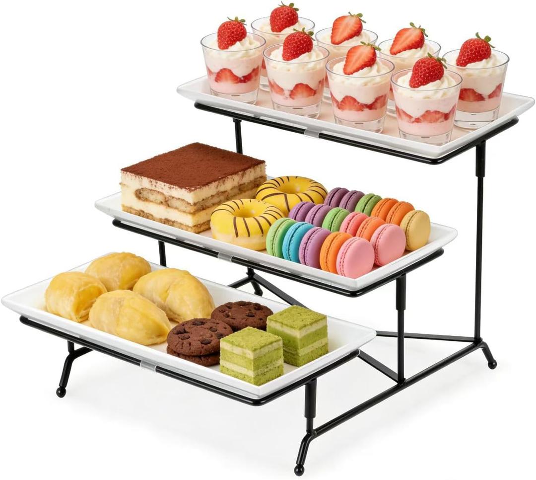 Farielyn-X 3 Tier Serving Tray, 12" White Plastic Tiered Food Serving Platters, Reusable Tray Stand Black Collapsible Metal Stand with Stable Cross Bars, Party Display Stands for Veggie Fruit, Dessert
