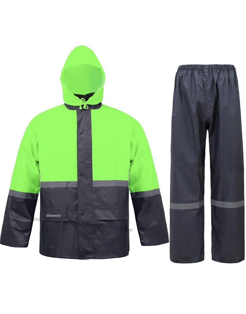 Men's Lightweight Waterproof Rain Suit - Reflective Jacket & Pants with Hood for Outdoor Work, Fishing, Hiking, size Medium