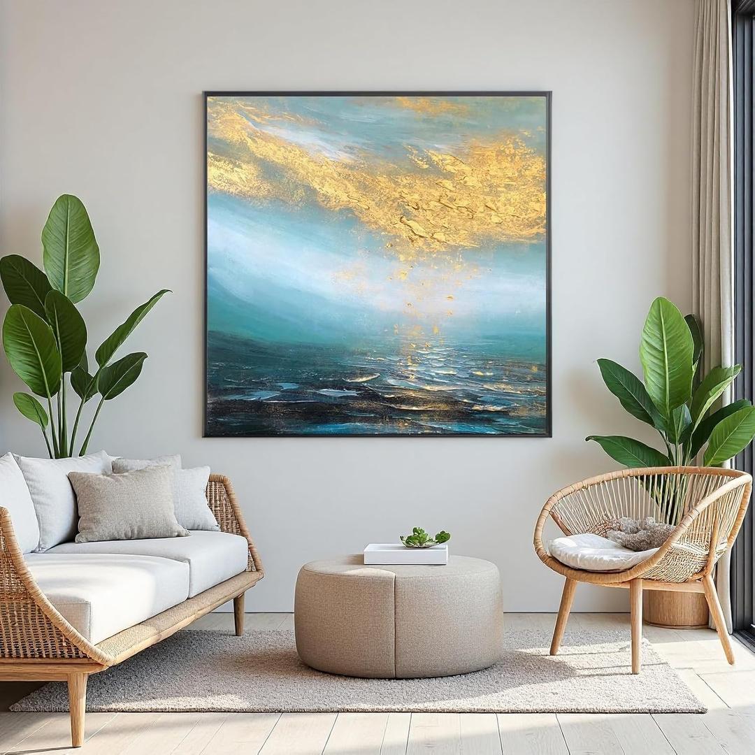 Hand Painted Blue Ocean Oil Painting for Office, Large Abstract Wall Art for Living Room, Framed Seascape Wall Picture for Kitchen Bedroom Home Decor 32x32inch (Artwork-WKF-210)