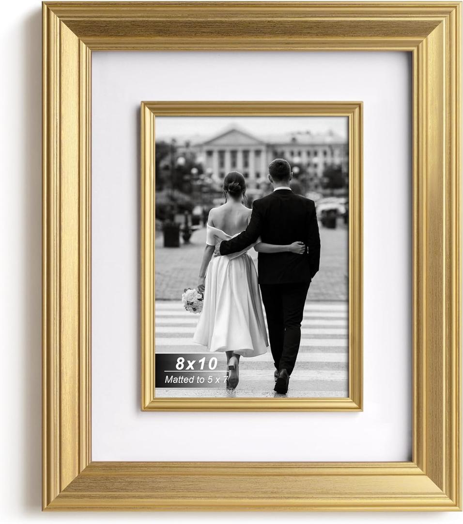 Yaetm 8x10 Gold Picture Frame with Decorative Inner Frame & Tempered Glass, Display 5x7 Photos with Mat - Portrait or Landscape - Tabletop & Wall Mount for Office & Home Dcor (Gold, Single)