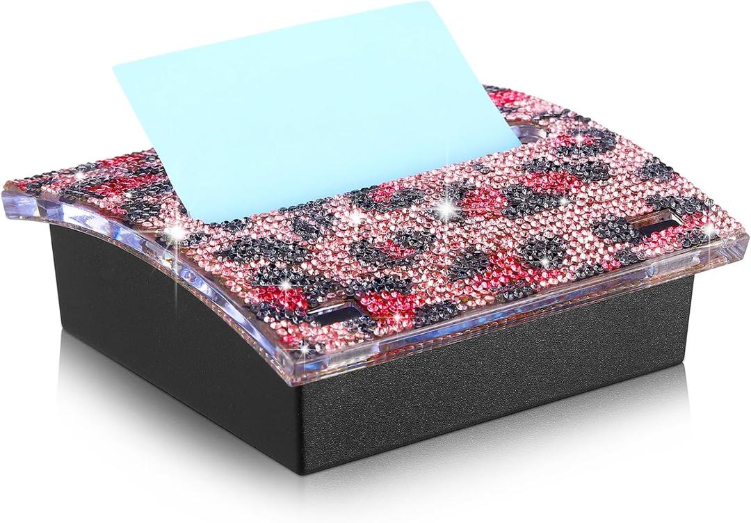 Barydat Rhinestone Self Stick Note Dispenser 4 x 4 Inches Pop up Note Pad Holders with Leopard Print Top Sticky Memo Holder for Office Home Classroom Desk Supplies