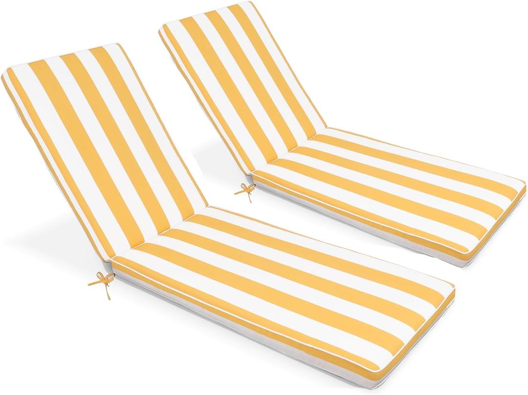 Outdoor Chaise Lounge Chair Cushions 2 Pack, Thick Waterproof Patio Pool Lounge Cushions, Fade Resistant, (Yellow & White Stripe)
