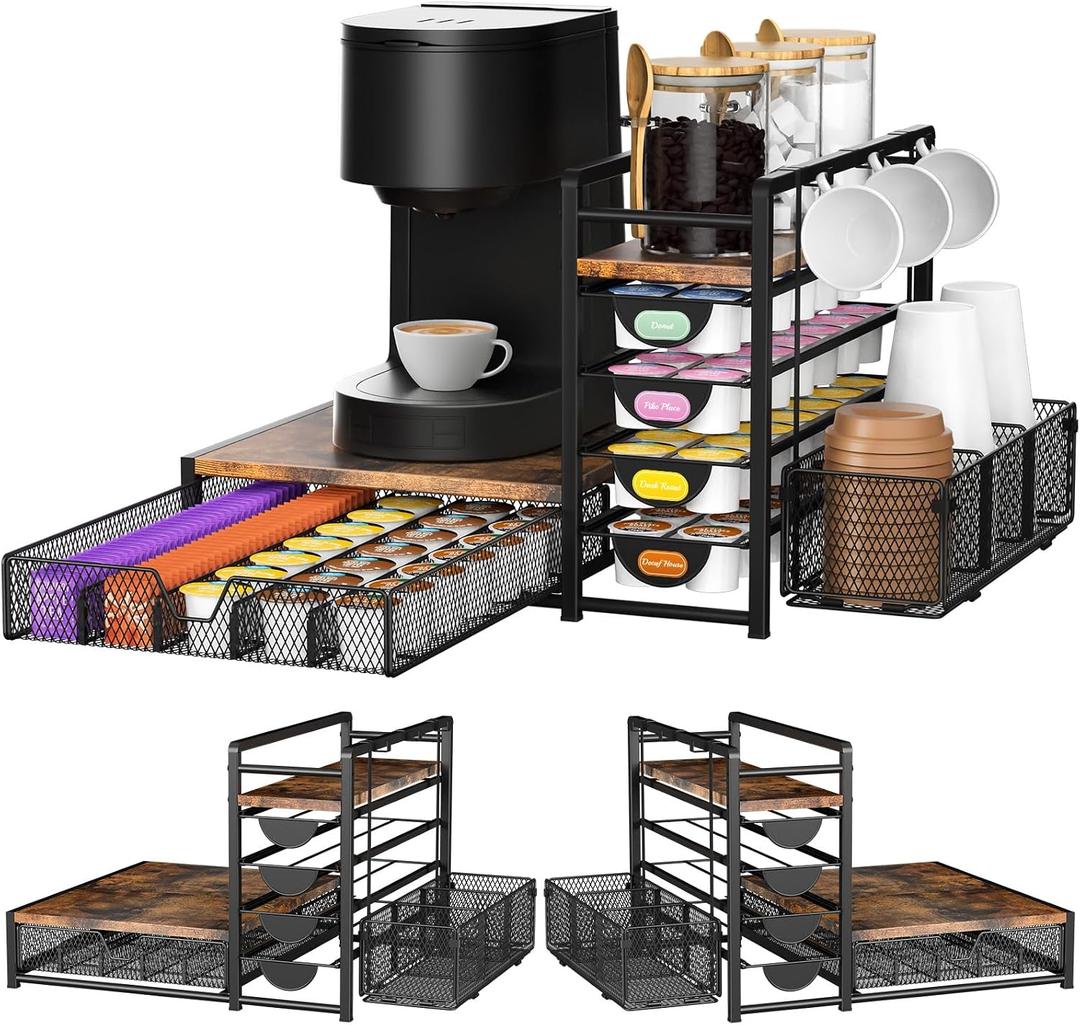 Coffee Bar Organizer - 90 K-Cup Capacity, 3 Hooks, Multi-Tier Storage for Pods, Mugs & Accessories, Tea Bags & Coffee Station Organizer, Space-Saving Kitchen Countertop K-Cup Holder