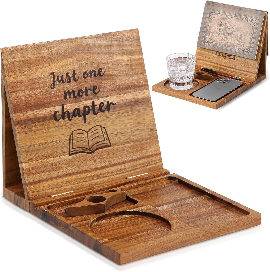 Book Holder Stand for Reading Rest, Wooden Foldable Bookshelf with Thumb Page Holder, Cup, iPad & Phone Stand, Book Nook Reading Valet Desktop Triangle Bookstand for Readers Bookworms Gifts