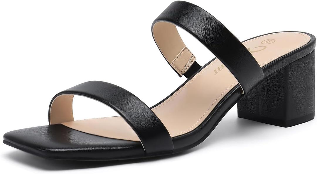 Athlefit Women's Two Strap Open Toe Heels Sandals Chunky Block Comfortable Slip On Low Heel Dress Shoes (11, Black)