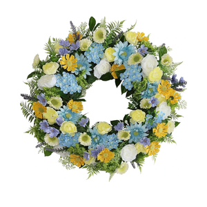 Faux Silk Flower Spring Summer Easter Wreath 24-26" for Front Door – White Ranunculus Yellow Daisy Blue Hydrangea Green Eucalyptus Leaves – Farmhouse Front Porch Wreath, Outdoor Indoor Use