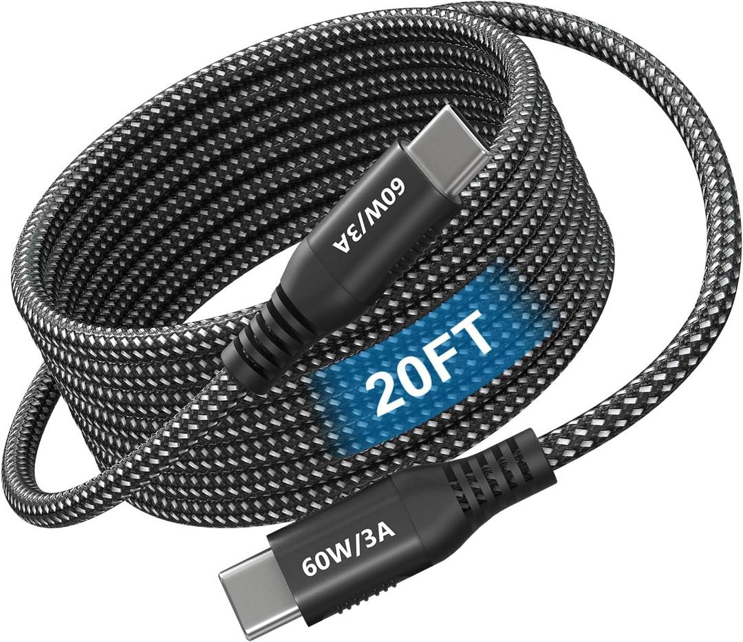 USB C to USB C Cable 20ft, Super Long 60W Type C to C Charging Cord Braided USB 2.0 Data Transfer Long USB C Cable Compatible with iPhone 15/16, Samsung Galaxy, Pixel, Pad Pro/Air, MacBook Pro/Air