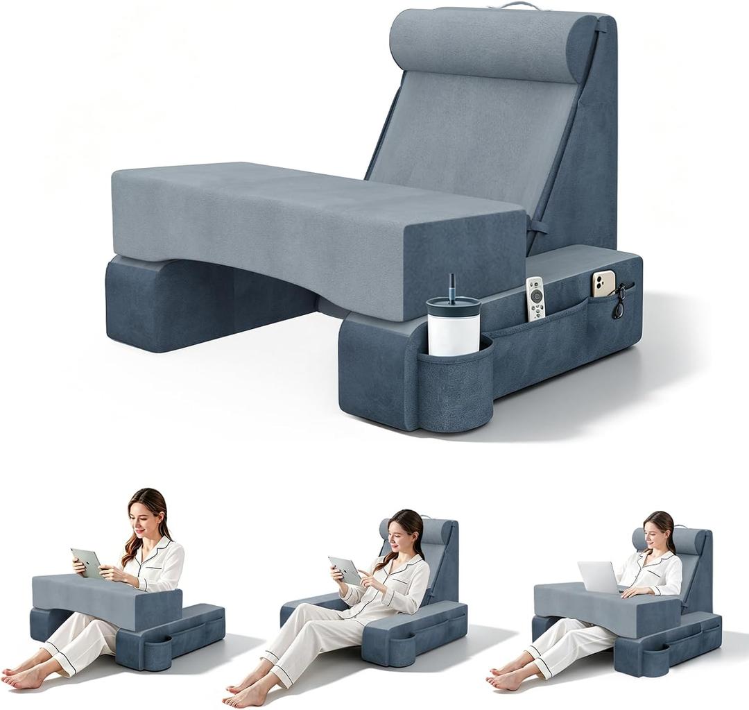 COZEER 3‑in‑1 Reading Pillow for Bed with Adjustable Independent Lumbar Support & Headrest, Wedge Pillow Set for After Surgery with Sponge Lap Desk, Detachable Armrest Design for Home Office (Upgrad)