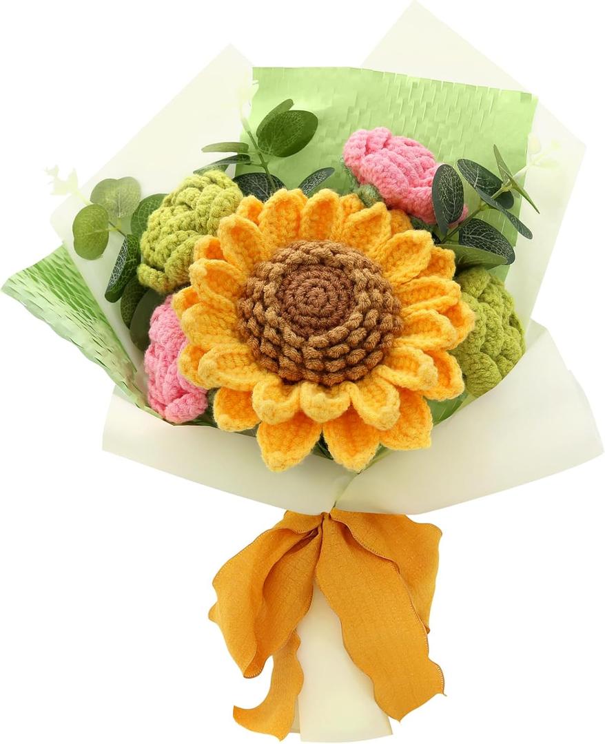 Crochet Flowers,Finished Bouquet Crocheted Cotton Thread Flowers, Handmade Crochet Rose Tulip Fern Leaf as a Gift for Lover, Friends. Artificial Flower (Brown&Green)