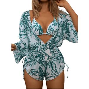 COZYEASE Women's 2025 Summer 3 Piece Swimsuits Tropical Print Bikini Set Halter Drawstring Bathing Suits with Cover Up (Large, Green)